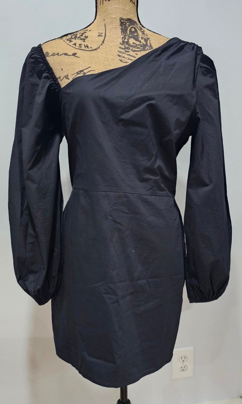 Lovers + Friends Asymmetric Neck Puff Sleeve Mini Dress Black Cotton Sz L
